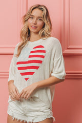 BiBi Women's Striped Heart Contrast Knit Top - Cute & Cozy Pullover