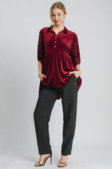 Umgee Velvet Babydoll Blouse with Pearl Detailing - Chic Collared Neck