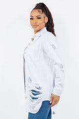 American Bazi Distressed Long Sleeve Denim Jacket for Women - Button Up Casual Outerwear