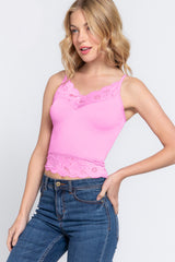 ACTIVE BASIC V-Neck Lace Detail Ribbed Seamless Cami - Versatile & Flattering Women's Top