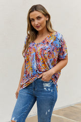 Trendy Multicolored Dolman Flowy Top – Relaxed Fit V-Neck Blouse