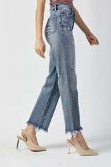 RISEN Women's High Waist Raw Hem Straight Jeans - Chic & Versatile Denim