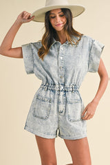 Annie Wear Women's Elastic Waistband Denim Romper with Short Sleeves
