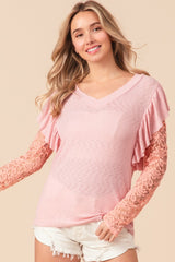 BiBi Women's Ruffled Lace Sleeve Rib Knit Top - Elegant & Versatile Fashion