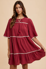 Annie Wear Bohemian Tassel Trim Tiered Cotton Dress - Half Sleeve & Tie Neck