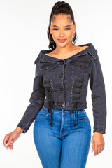 American Bazi Women's Off-Shoulder Lace-Up Denim Jacket - Trendy & Stylish