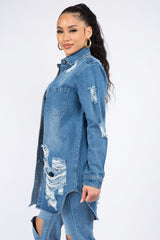 American Bazi Distressed Denim Shirt Jacket - Vintage Style for Everyday Wear