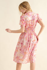 Elegant Smocked Waist Floral Midi Dress for Women - Versatile & Chic