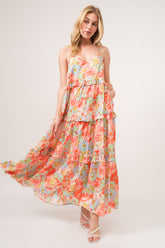 Elegant Floral Ruffled Tiered Maxi Dress with Adjustable Straps