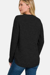 Zenana Full Size Cozy Round Neck Long Sleeve Sweater with Curved Hem
