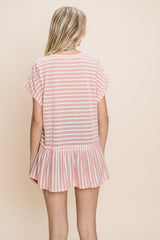 Cotton Bleu Striped Ruffled Short Sleeve Cotton Top - Chic & Feminine Style