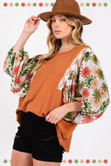 SAGE + FIG Full Size Printed Balloon Sleeve Contrast Top – Stylish Knit with Floral & Plaid Accents