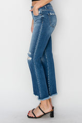 RISEN Women's Frayed Step Hem Ankle Straight Jeans - Edgy & Versatile Denim