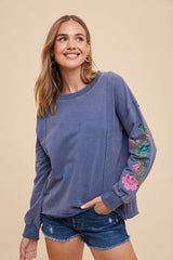 Annie Wear Women's Embroidered Long Sleeve French Terry Top - Elegant & Comfortable