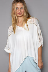 POL Oversize V-Neck Crochet Lace Studded Top - Trendy & Elegant Women's Fashion