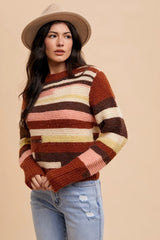 Annie Wear Chic Color Block Round Neck Long Sleeve Sweater