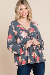 Elegant Floral Long Sleeve Babydoll Blouse - Women's Full Size Top by Super Lady