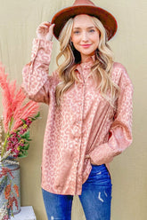 Luxurious Satin Leopard Print Button-Up Shirt with Curved Hem