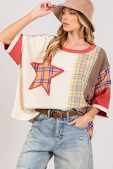 Trendy SAGE + FIG Round Neck Plaid Star Patch Women's T-Shirt