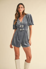 Luxurious Velvet Romper with Jewel Bow Decor and Puff Sleeves