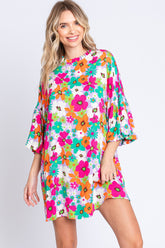 GeeGee Women's Floral Lantern Sleeve Mini Dress - Romantic Round Neck