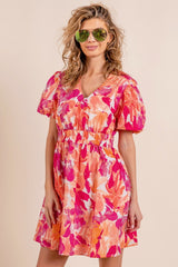BiBi Floral V-Neck Puff Sleeve Mini Dress - Elegant & Playful Style