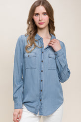 Stylish Scooped Hem Button Up Denim Shirt by Love Tree