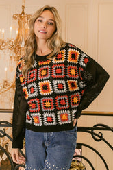BiBi Retro Granny Square Crochet Long Sleeve Sweater Top