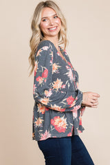 Elegant Floral Long Sleeve Babydoll Blouse - Women's Full Size Top by Super Lady