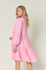 Elegant V-Neck Balloon Sleeve Tiered Dress with Pockets - Perfect for Every Occasion