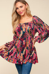 Haptics Full Size Peplum Floral Square Neck Blouse - Feminine and Flattering