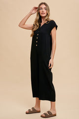 Annie Wear Women's Button Detail Wide Leg Jumpsuit with Pockets - 100% Cotton, Trendy and Comfortable