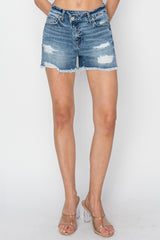 RISEN Stepped Waist Frayed Denim Shorts - Trendy Summer Fashion