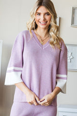 First Love Women's Contrast V Neck Ribbed Knit Top - Trendy & Comfortable
