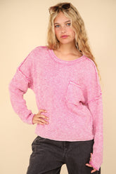 VERY J Women's Mineral Washed Exposed Seam Sweater with Drop Shoulders - Casual Knit Top