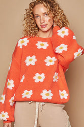 POL Daisy Pattern Oversized Drop Shoulder Sweater - Trendy Floral Knitwear