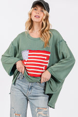 SAGE + FIG Patriotic American Flag Patch Cotton T-Shirt - Drop Shoulder Style