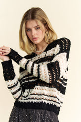 Davi & Dani Contrast Striped Crochet Knit Cover Up - Stylish Drop Shoulder Design