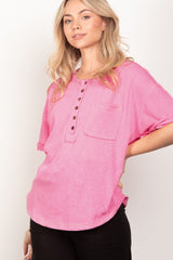 VERY J 90s-Inspired Twisted Sleeve Henley Knit Top with Button Front