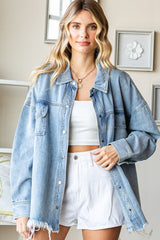 Trendy Button Down Smiley Face Raw Hem Denim Jacket - First Love