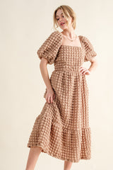 Elegant Full Size Square Neck Puff Sleeve Dress - Smocked & Opaque