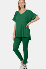 Zenana Women's V-Neck Rolled Sleeve Lounge Set - T-Shirt and Leggings
