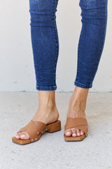 Weeboo Step Into Summer Criss Cross Wooden Clog Mules - Chic Brown Open Toe Slides with Block Heels