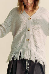 Davi & Dani Women’s Fringe V-Neck Acrylic Cardigan - Button-Up Long Sleeve