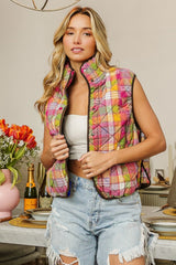 BiBi Quilted Washed Plaid Vest with Snap Closure | Cozy Fall Layering Essential