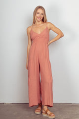 VERY J Women's Sleeveless Ruched Wide Leg Jumpsuit with Adjustable Straps - 100% Rayon