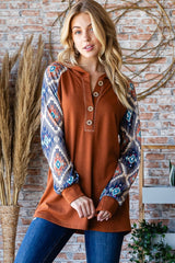 Heimish Women's Printed Long Sleeve Hooded Top with Half Button Detail - Cozy Casual Wear