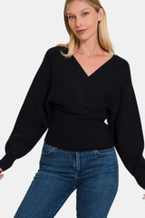 Zenana Cross Wrap Ribbed Long Sleeve Viscose Sweater - Soft & Fashionable