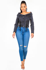 American Bazi Women's Off-Shoulder Lace-Up Denim Jacket - Trendy & Stylish