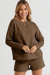 Women's Full Size Textured Long Sleeve Top and Drawstring Shorts Set - Trendy Two-Piece Loungewear